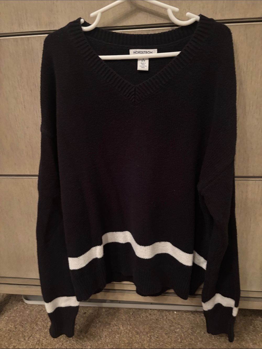 Nordstrom Men’s Black V-Neck Sweater with White Stripe Accents